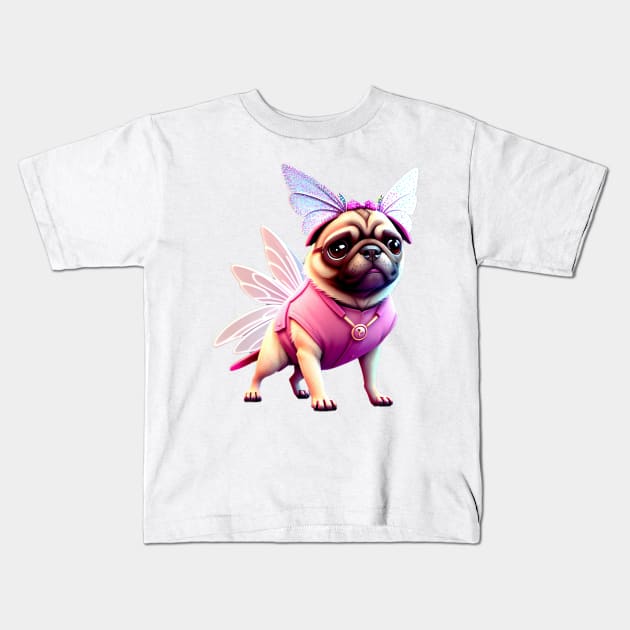 Cute Pug in Pink Fairy Costume - Adorable Dog in Whimsical Pink Fairy Outfit Kids T-Shirt by fur-niche